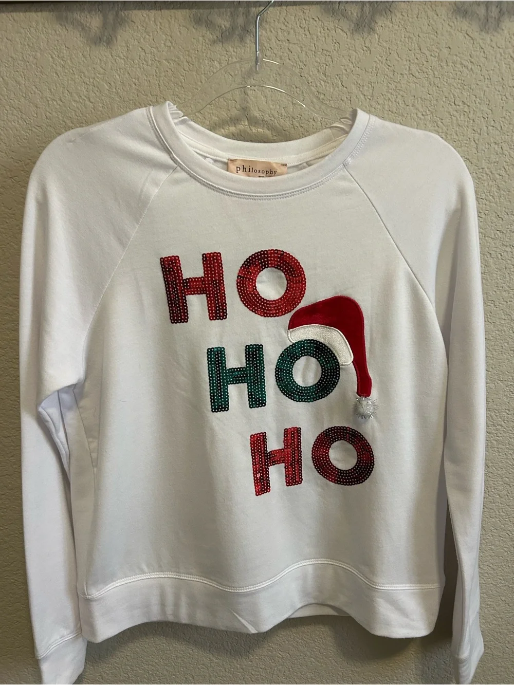 Philosophy White Sweatshirt with Red & Green 'HO HO HO' sequins